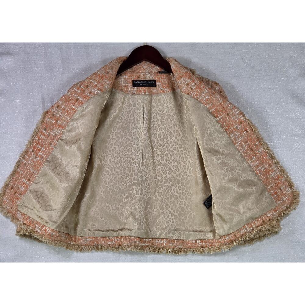 Dana Buchman Petite Pink Boucle Tweed Blazer Jacket Fringe Trim Raw Edge 10P - Picture 4 of 8